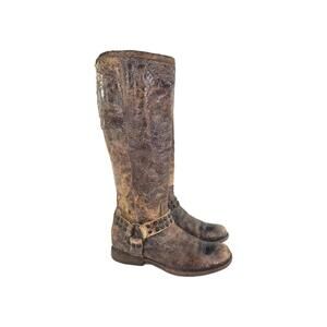Frye Phillip Studded Harness Boot US 7.5 B Brown Distressed Leather Back Zip